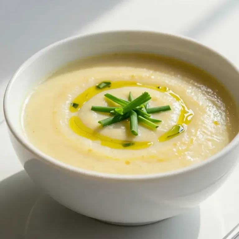 A bowl of creamy potato leek soup garnished with fresh herbs, served on a rustic wooden table.