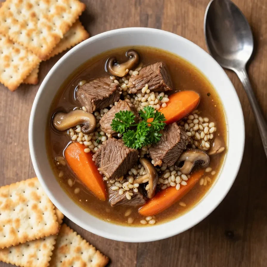 A bowl of homemade beef barley soup garnished with fresh parsley.