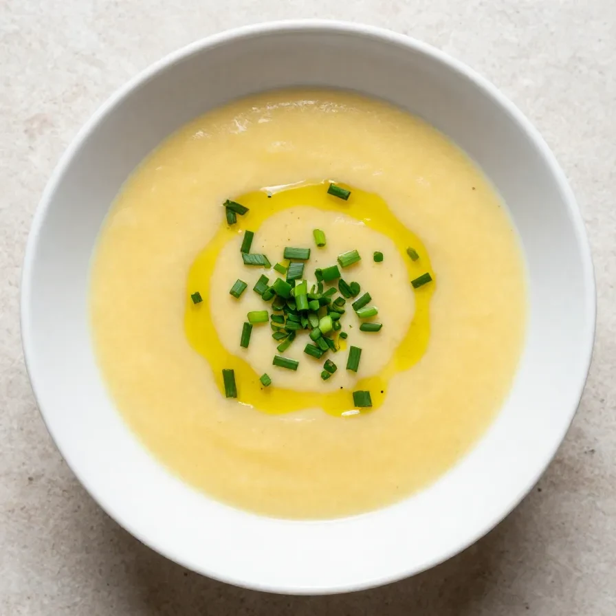 A bowl of creamy potato leek soup garnished with fresh herbs, served on a rustic wooden table.