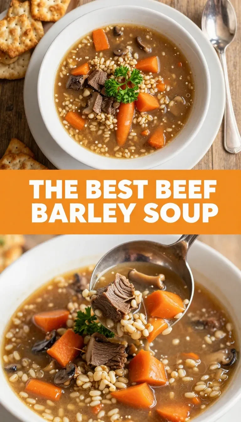 A bowl of homemade beef barley soup garnished with fresh parsley.