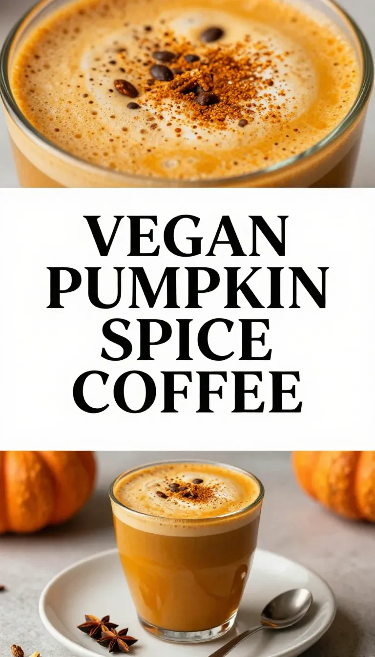A cup of vegan pumpkin spice coffee topped with frothy almond milk and a sprinkle of cinnamon.