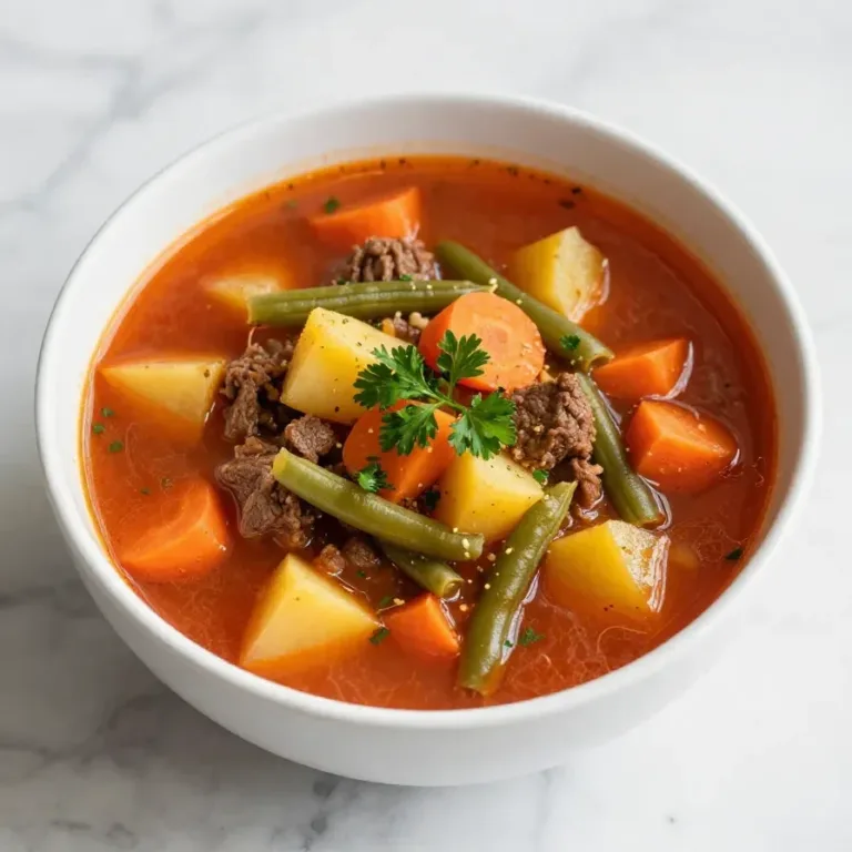 Crockpot Vegetable Beef Soup A bowl of hearty vegetable beef soup made in a crockpot, served with fresh parsley garnish.