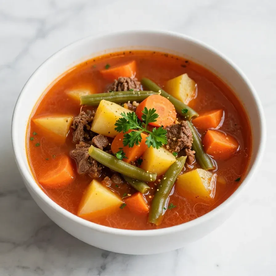 A bowl of hearty vegetable beef soup made in a crockpot, served with fresh parsley garnish.