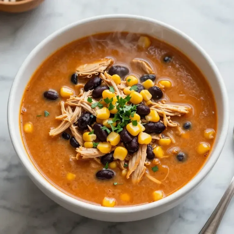 A bowl of creamy chicken enchilada soup topped with shredded cheese and fresh cilantro.