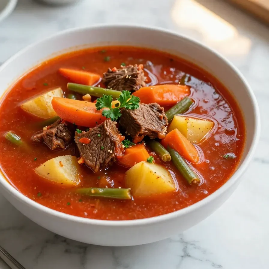 A bowl of hearty vegetable beef soup made in a crockpot, served with fresh parsley garnish.
