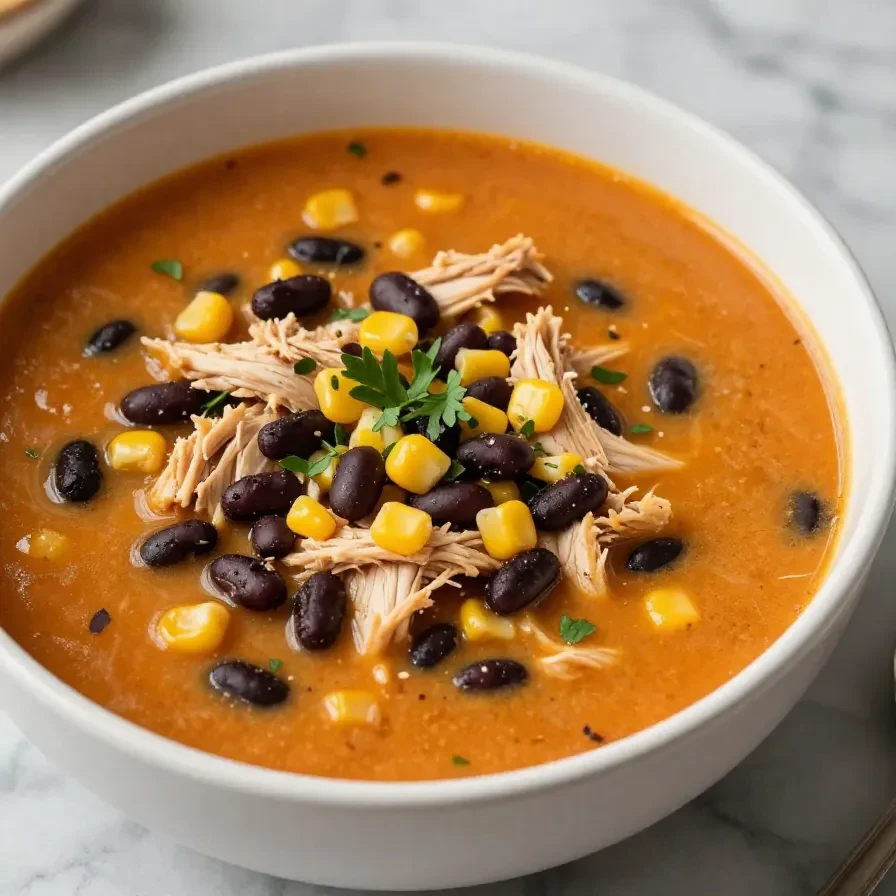 A bowl of creamy chicken enchilada soup topped with shredded cheese and fresh cilantro.