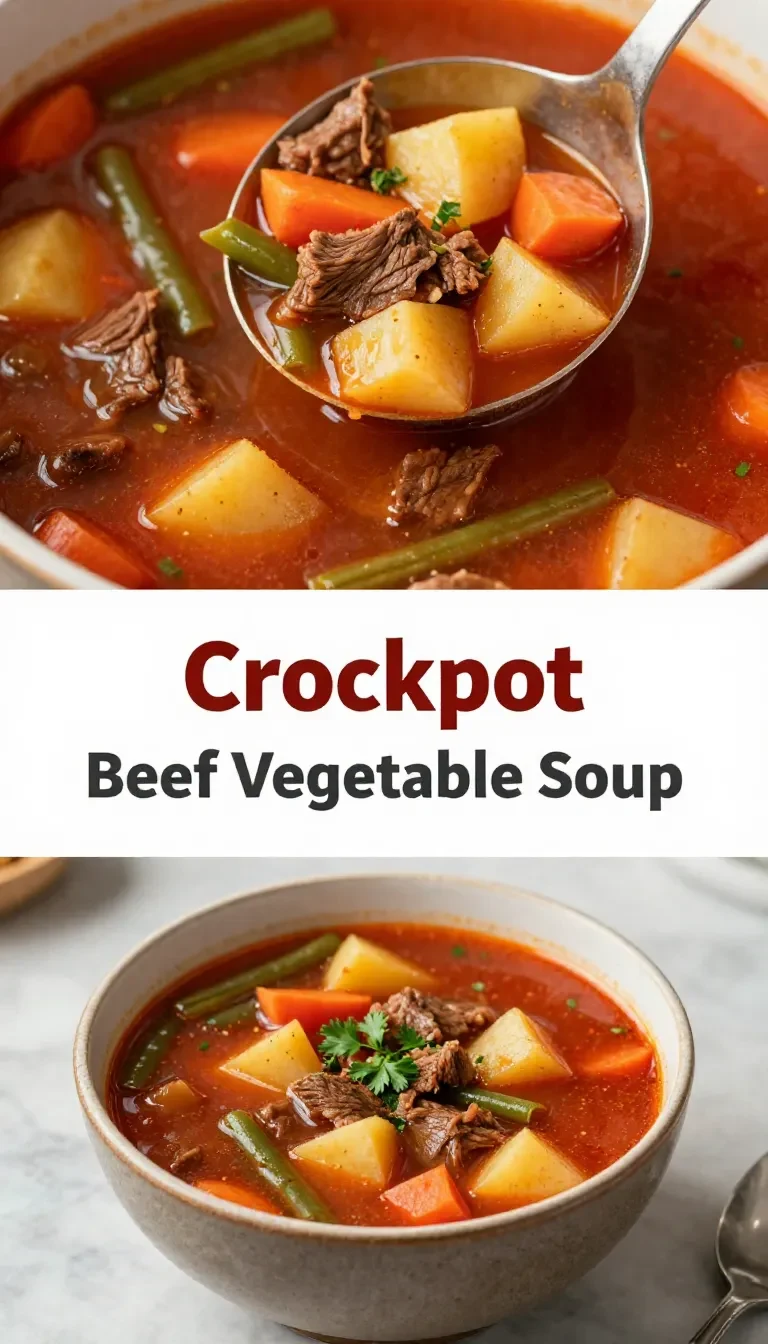 A bowl of hearty vegetable beef soup made in a crockpot, served with fresh parsley garnish.