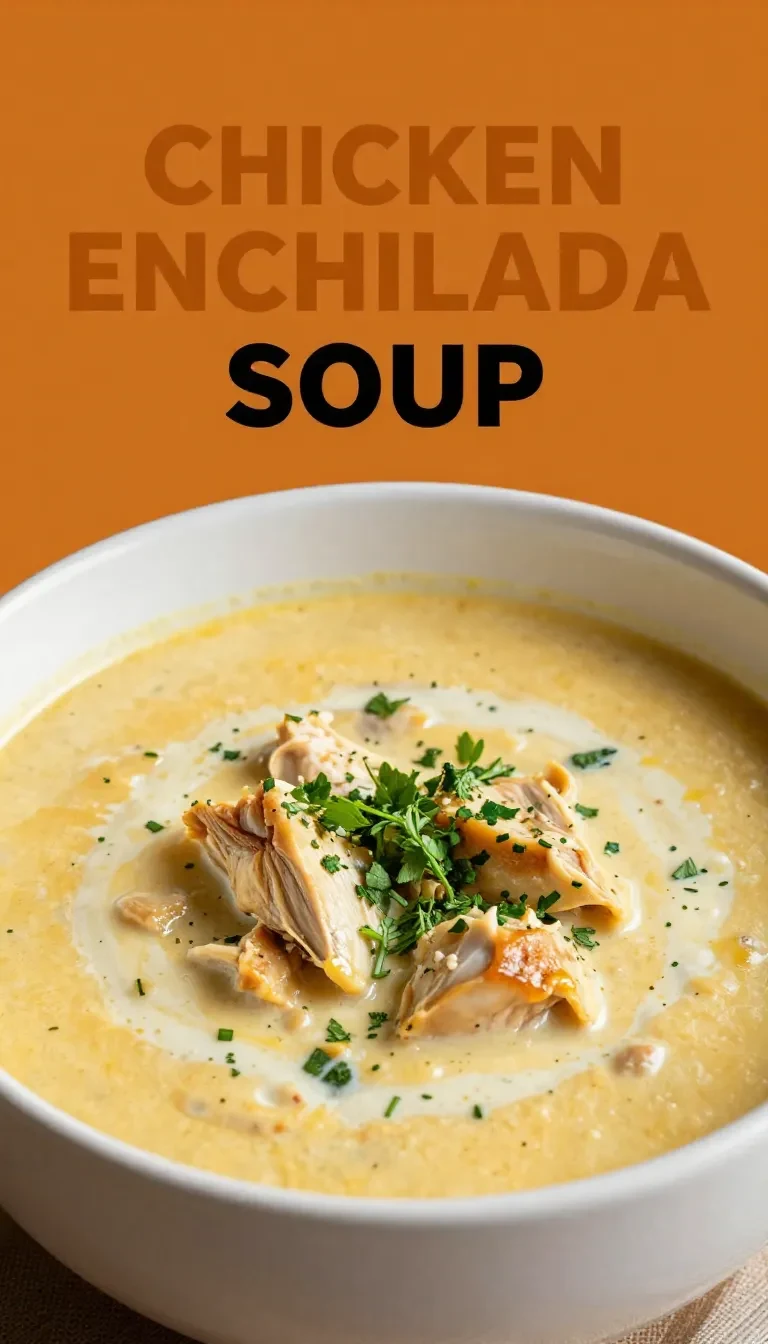 A bowl of creamy chicken enchilada soup topped with shredded cheese and fresh cilantro.
