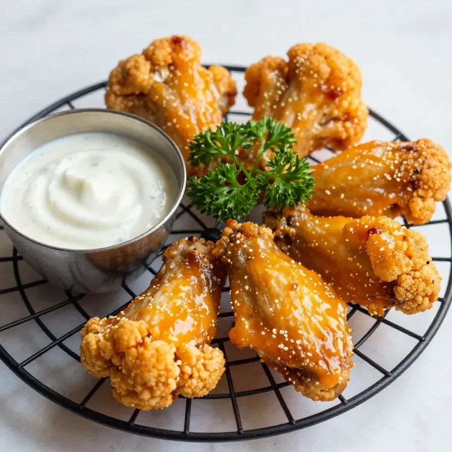 Crispy buffalo cauliflower wings served on a wooden plate with dipping sauce.
