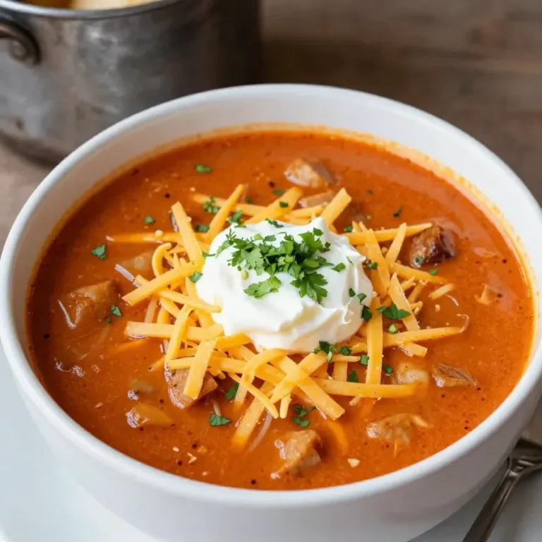 A bowl of homemade taco soup topped with shredded cheese, sour cream, and fresh cilantro.