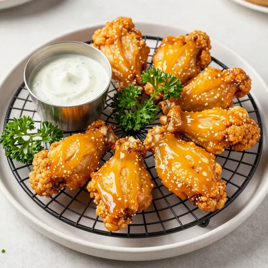 Crispy buffalo cauliflower wings served on a wooden plate with dipping sauce.