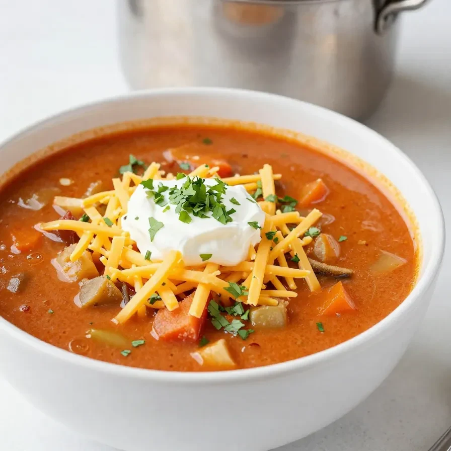 A bowl of homemade taco soup topped with shredded cheese, sour cream, and fresh cilantro.