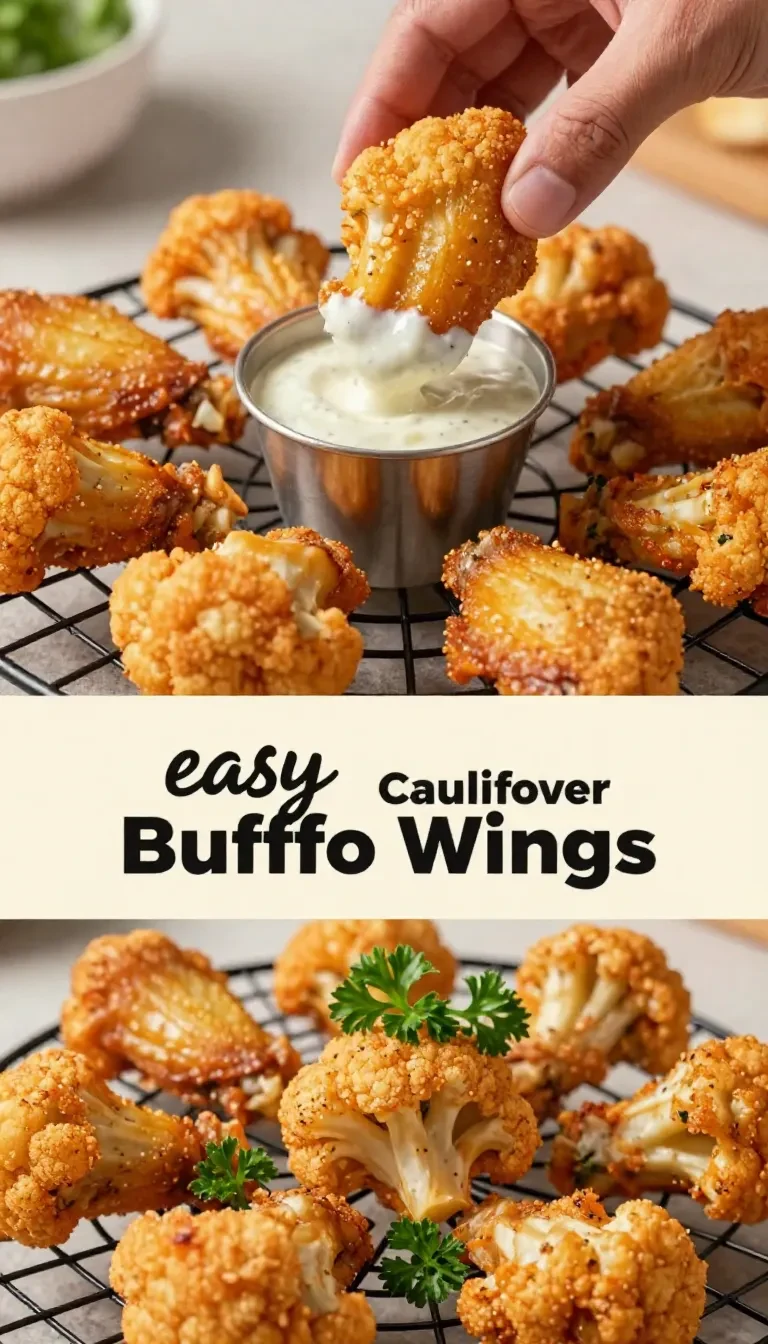 Crispy buffalo cauliflower wings served on a wooden plate with dipping sauce.