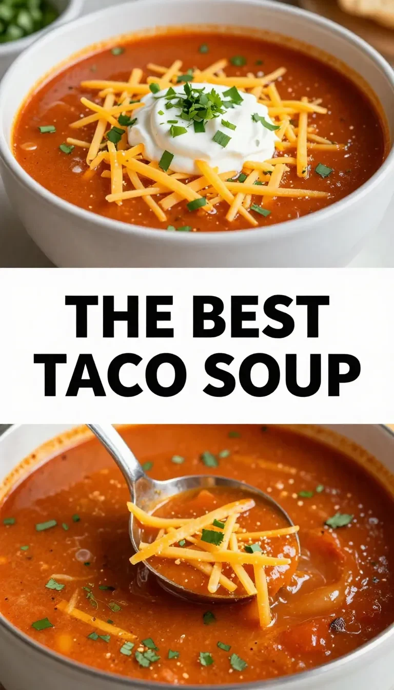 A bowl of homemade taco soup topped with shredded cheese, sour cream, and fresh cilantro.
