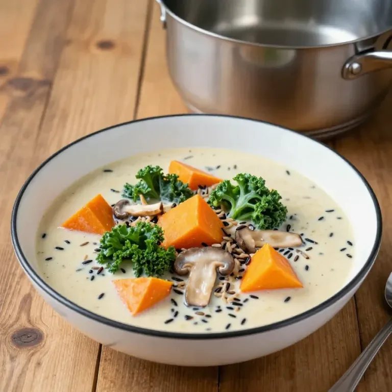 A bowl of warm wild rice soup garnished with fresh herbs, perfect for autumn.