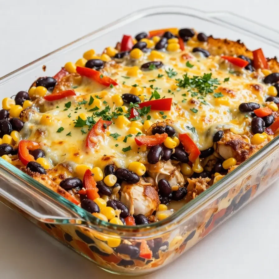 A freshly baked chicken burrito casserole served in a white dish with melted cheese on top.