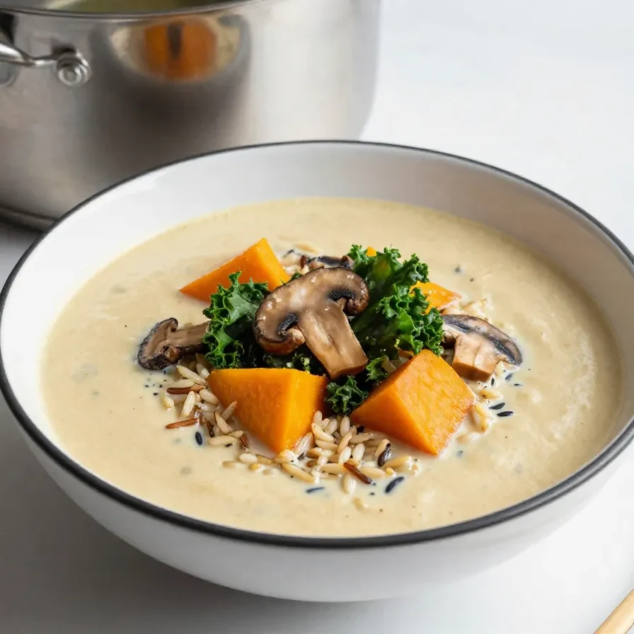 A bowl of warm wild rice soup garnished with fresh herbs, perfect for autumn.