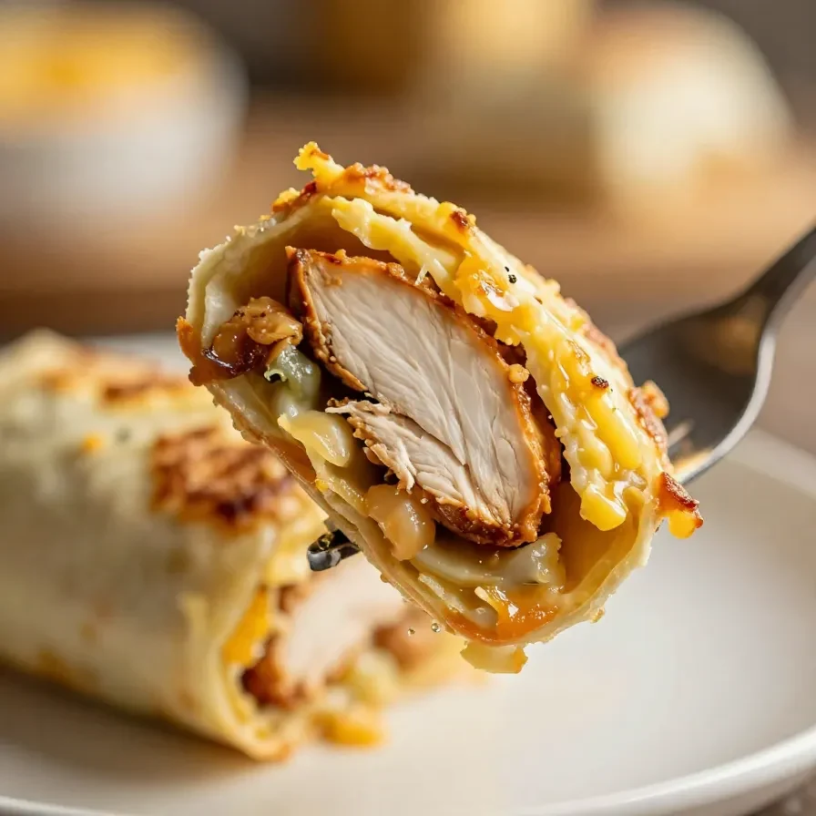 A freshly baked chicken burrito casserole served in a white dish with melted cheese on top.