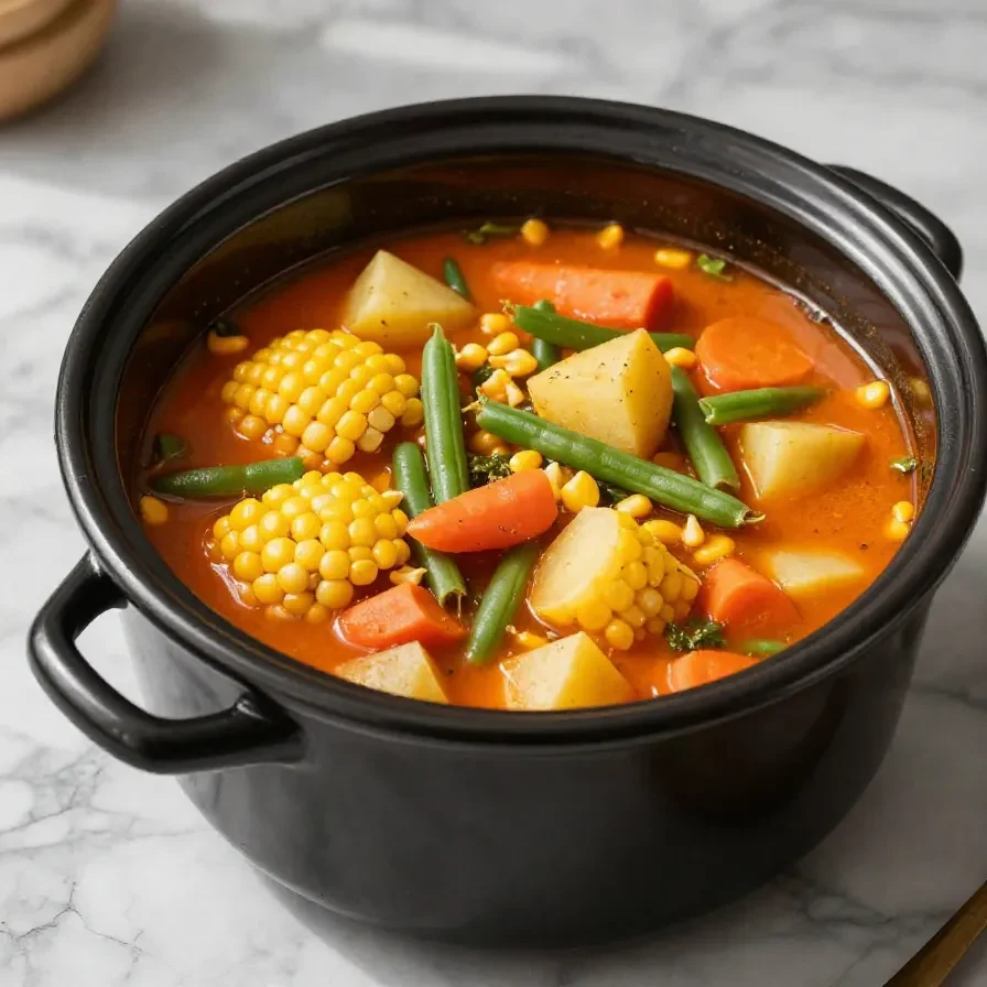 A bowl of hearty vegetable soup served with fresh herbs and bread.