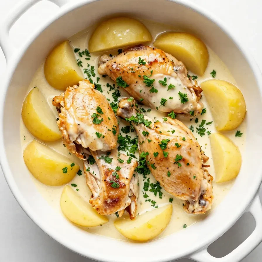 Slow-cooked garlic Parmesan chicken served with golden potatoes in a crockpot.