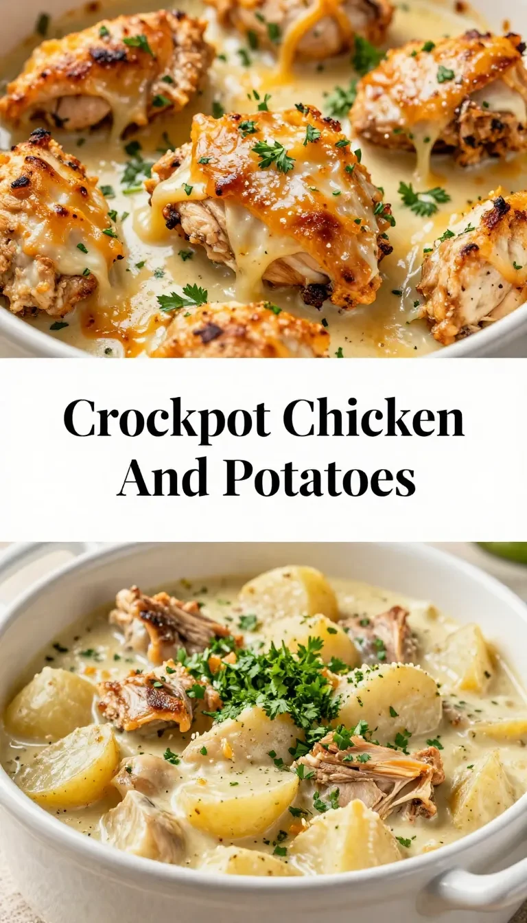 Slow-cooked garlic Parmesan chicken served with golden potatoes in a crockpot.