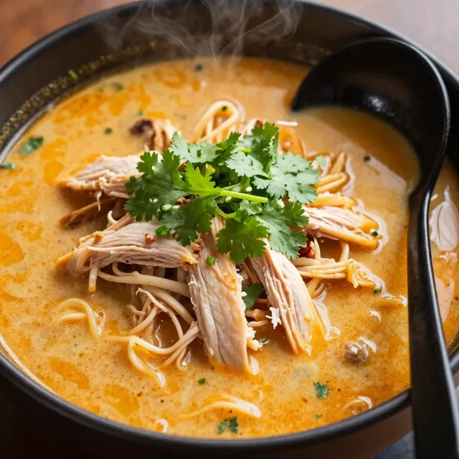 A bowl of homemade Thai chicken soup garnished with fresh cilantro and lime wedges.