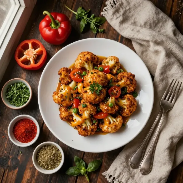 Air Fryer Buffalo Cauliflower A plate of crispy buffalo cauliflower bites cooked in an air fryer, garnished with green onions.