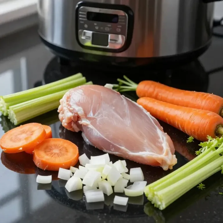 A bowl of homemade chicken noodle soup prepared in a slow cooker, garnished with fresh parsley.