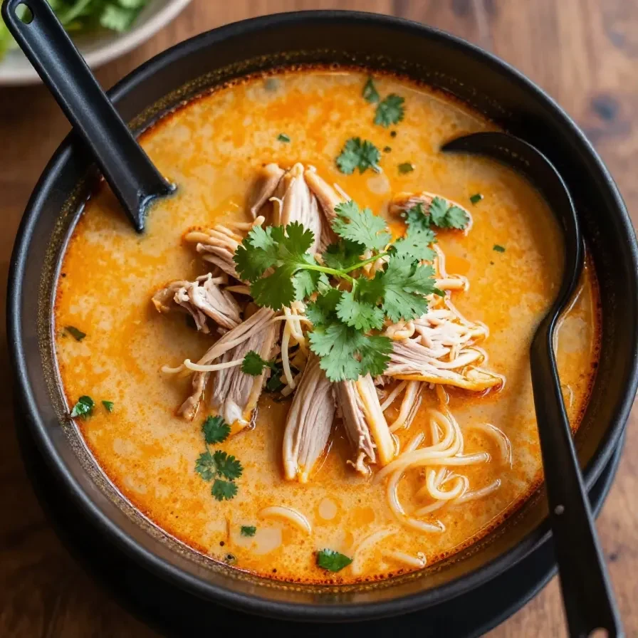 A bowl of homemade Thai chicken soup garnished with fresh cilantro and lime wedges.