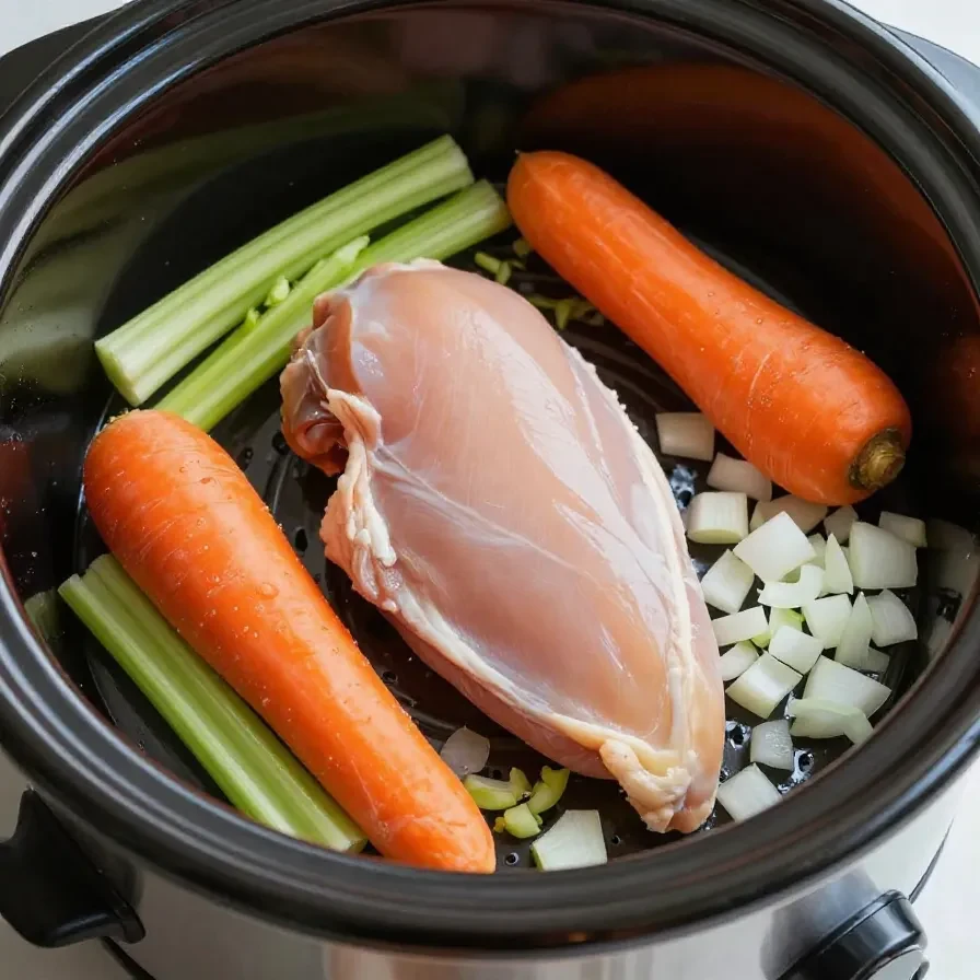 A bowl of homemade chicken noodle soup prepared in a slow cooker, garnished with fresh parsley.