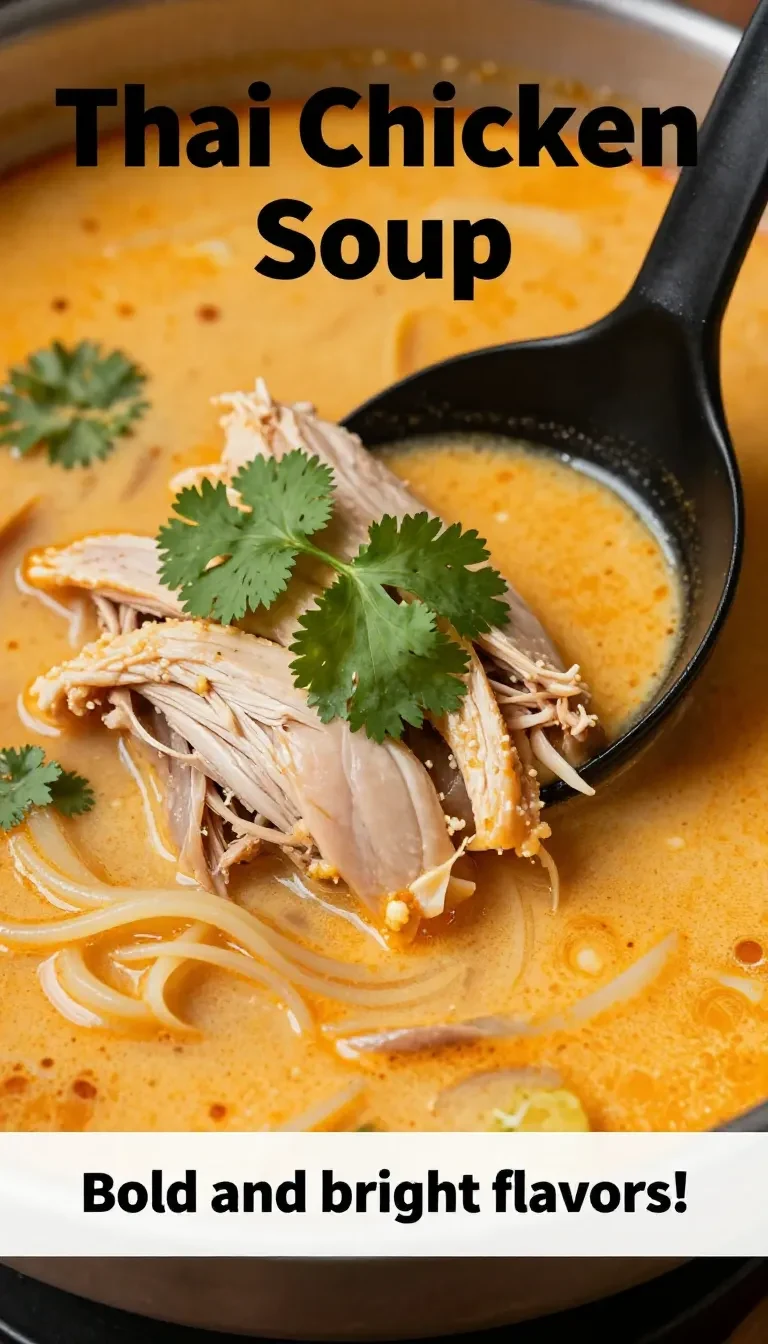 A bowl of homemade Thai chicken soup garnished with fresh cilantro and lime wedges.