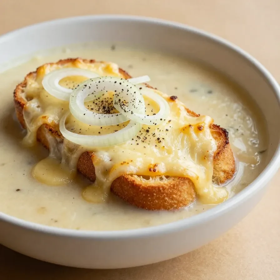 A bowl of French onion soup topped with melted cheese and served with crusty bread.