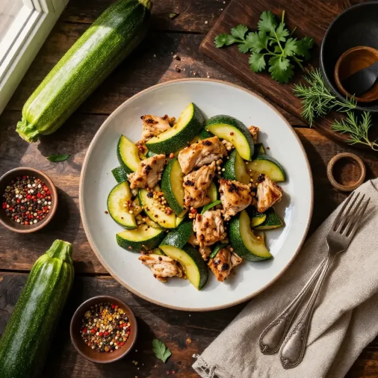 A vibrant chicken zucchini stir fry served in a skillet, showcasing colorful vegetables and tender chicken pieces.