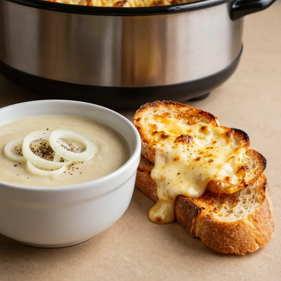 A bowl of French onion soup topped with melted cheese and served with crusty bread.