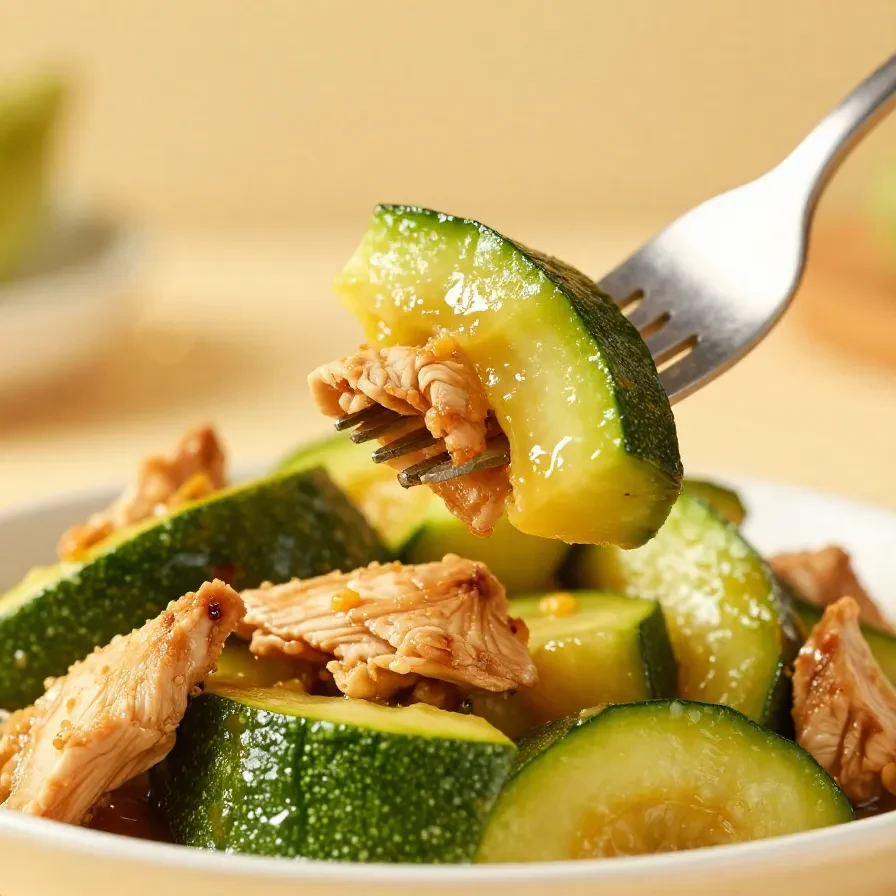A vibrant chicken zucchini stir fry served in a skillet, showcasing colorful vegetables and tender chicken pieces.