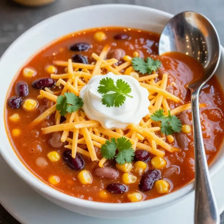 Easy Taco Soup A bowl of easy taco soup topped with shredded cheese, sour cream, and fresh cilantro.