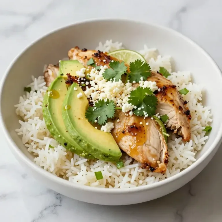 A vibrant honey lime chicken and avocado rice bowl served as a healthy dinner option.