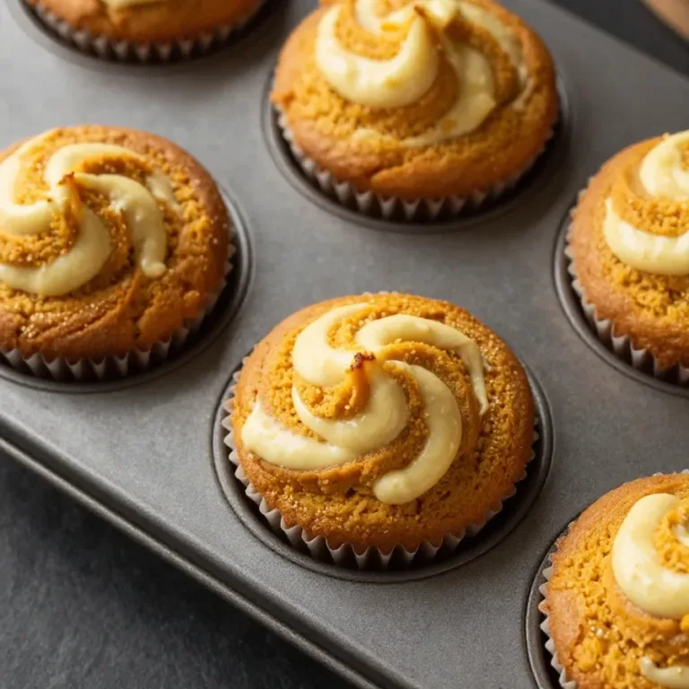 Close-up of pumpkin cream cheese swirl muffins on a wooden table.