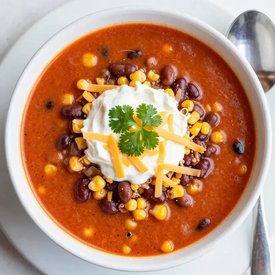 A bowl of easy taco soup topped with shredded cheese, sour cream, and fresh cilantro.
