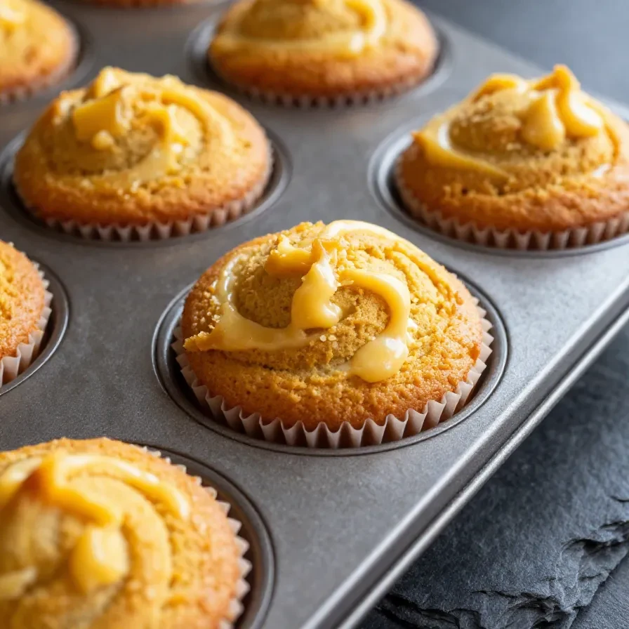 Close-up of pumpkin cream cheese swirl muffins on a wooden table.