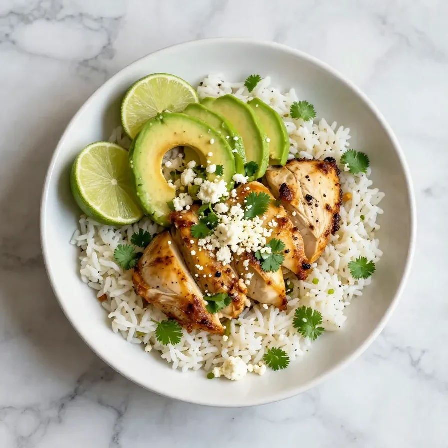A vibrant honey lime chicken and avocado rice bowl served as a healthy dinner option.