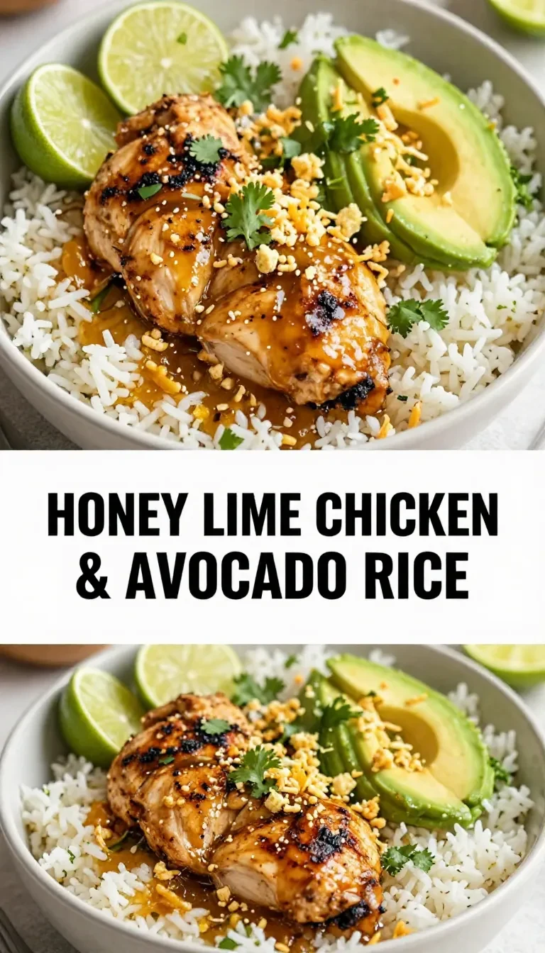 A vibrant honey lime chicken and avocado rice bowl served as a healthy dinner option.