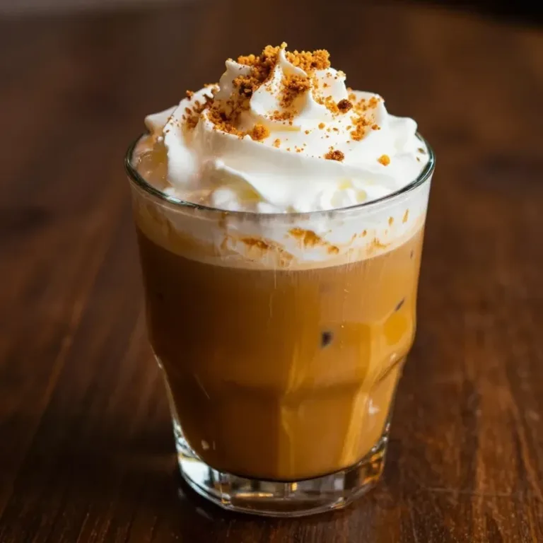 A close-up of an iced pumpkin spiced latte topped with whipped cream and cinnamon.