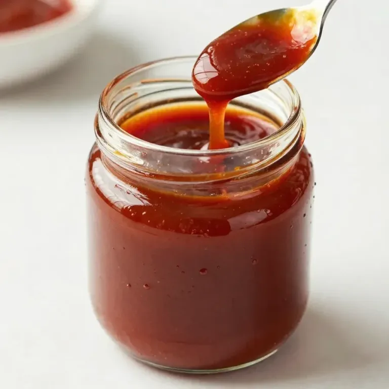 A jar of homemade BBQ sauce placed on a wooden table with ingredients like garlic and spices around it.