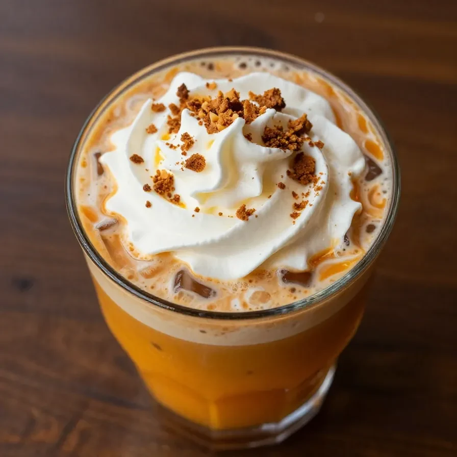 A close-up of an iced pumpkin spiced latte topped with whipped cream and cinnamon.