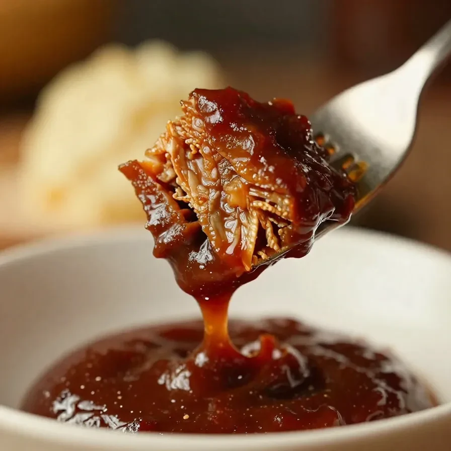 A jar of homemade BBQ sauce placed on a wooden table with ingredients like garlic and spices around it.
