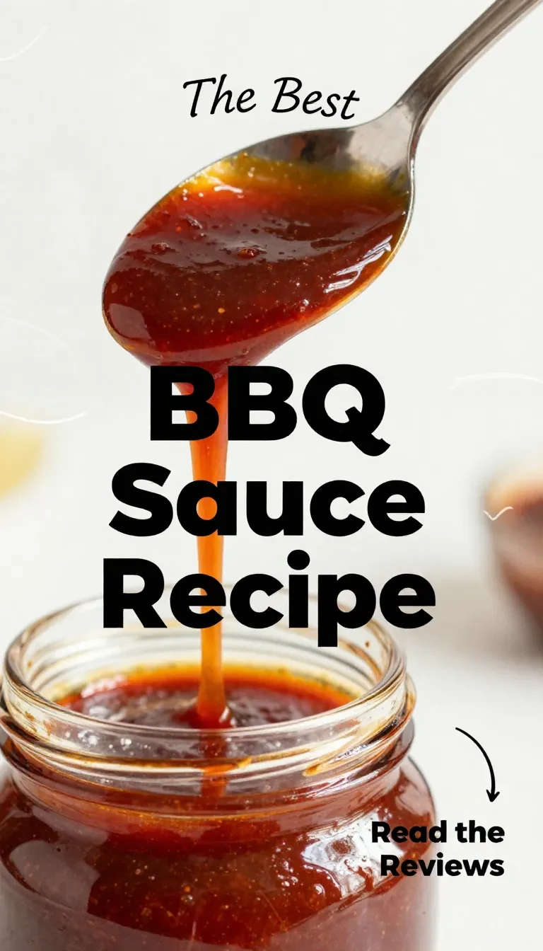 A jar of homemade BBQ sauce placed on a wooden table with ingredients like garlic and spices around it.