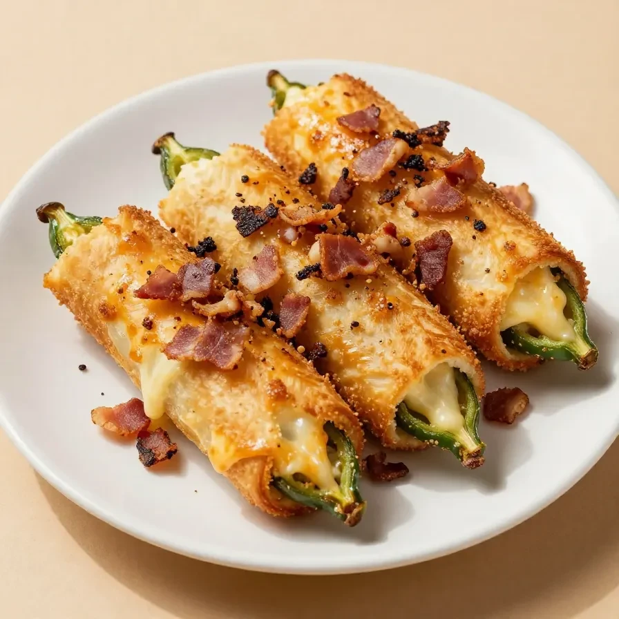 Close-up of mini jalapeno popper egg rolls served on a white plate.