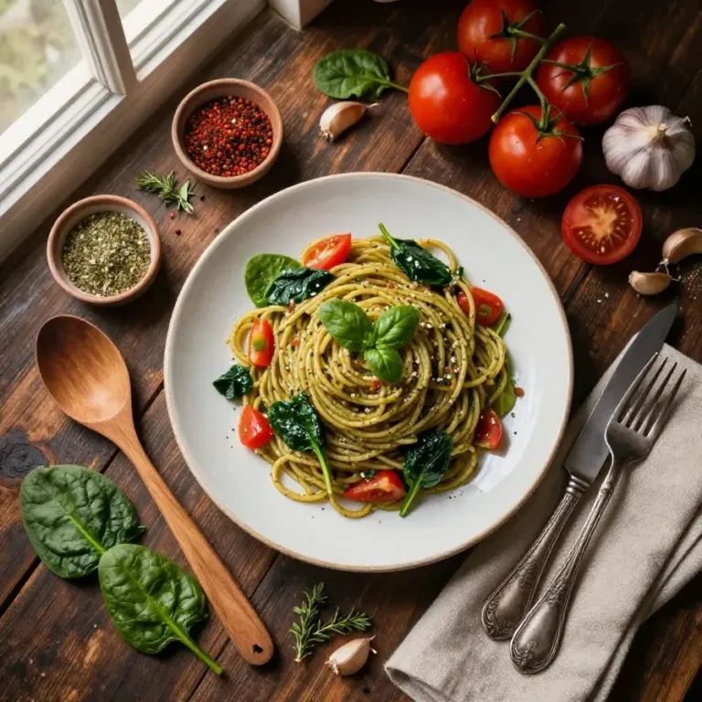 A plate of spinach pasta garnished with fresh basil and grated cheese, served on a wooden table.
