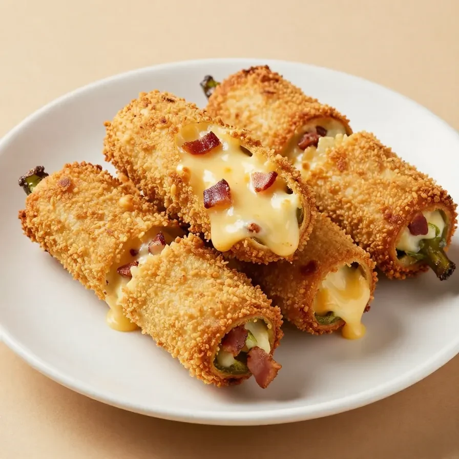 Close-up of mini jalapeno popper egg rolls served on a white plate.